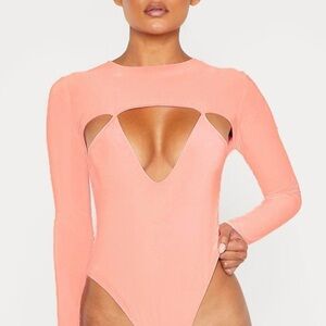 Peach Slinky Cut Out Long Sleeve Thong Bodysuit
